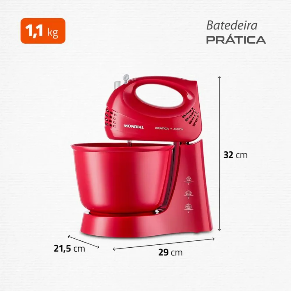 Batedeira Mondial Prática 400W B-44-R 3 Velocidades - Image 6
