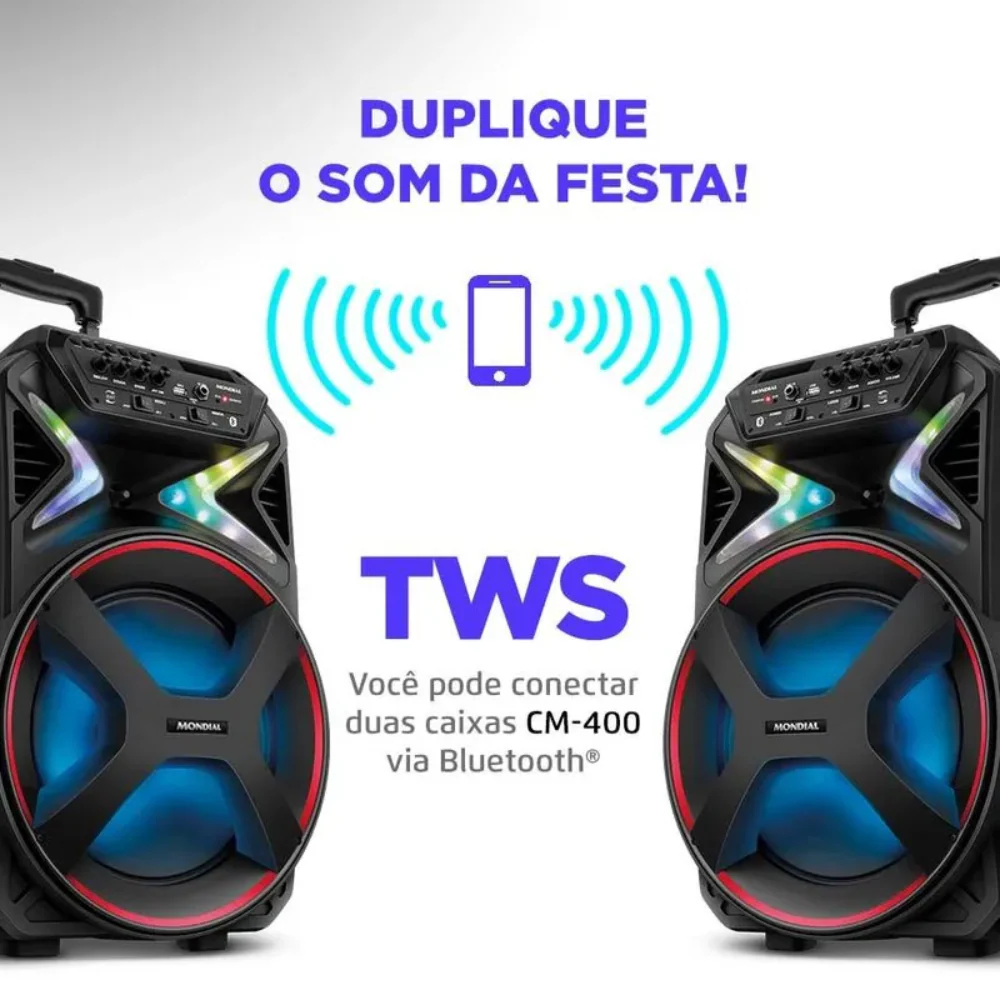 Caixa Amplificada Mondial CM-400 Connect Lights 400W Bluetooth USB/AUX/MIC - Image 4