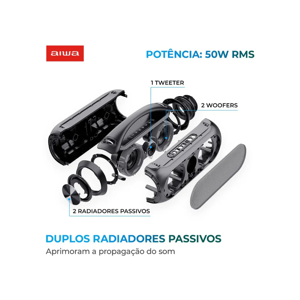 Caixa de Som Boombox AIWA BBS-02-A 50W BT 8H IPX5 RGB USB - Image 2