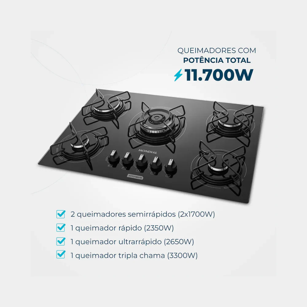 Cooktop a Gás 5 Bocas Tripla Chama Mondial CTG-03 - Image 2