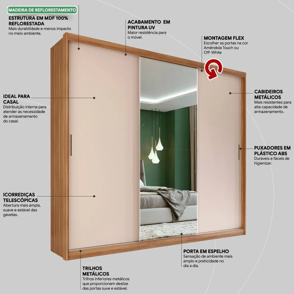 Guarda Roupa Casal 3 Portas 4 Gavetas com Espelho Dalila Demóbile - Image 7