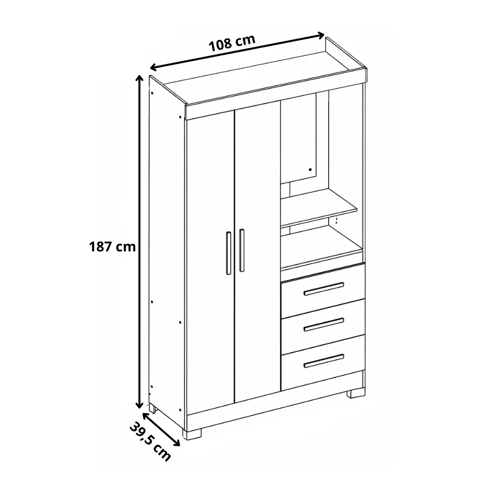 Guarda Roupa Solteiro 2 Portas 3 Gavetas Flex NT6020 Nótável Móveis - Image 8