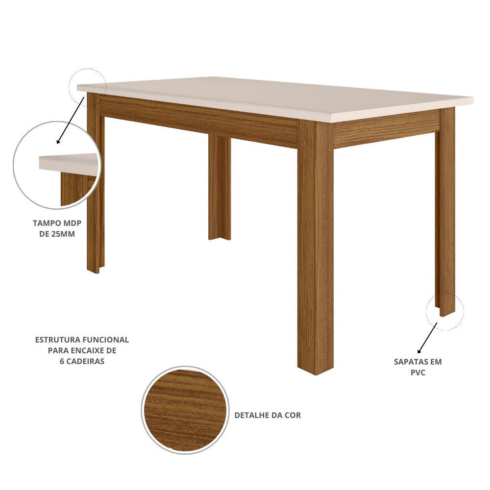 Mesa de Jantar Retangular 6 lugares 150 cm Bellagio Poliman - Image 7