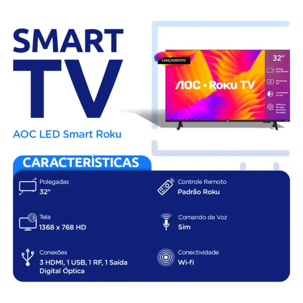 Smart Tv 32" Hd Led Hdmi 1 Usb Wifi Roku Aoc - Image 7